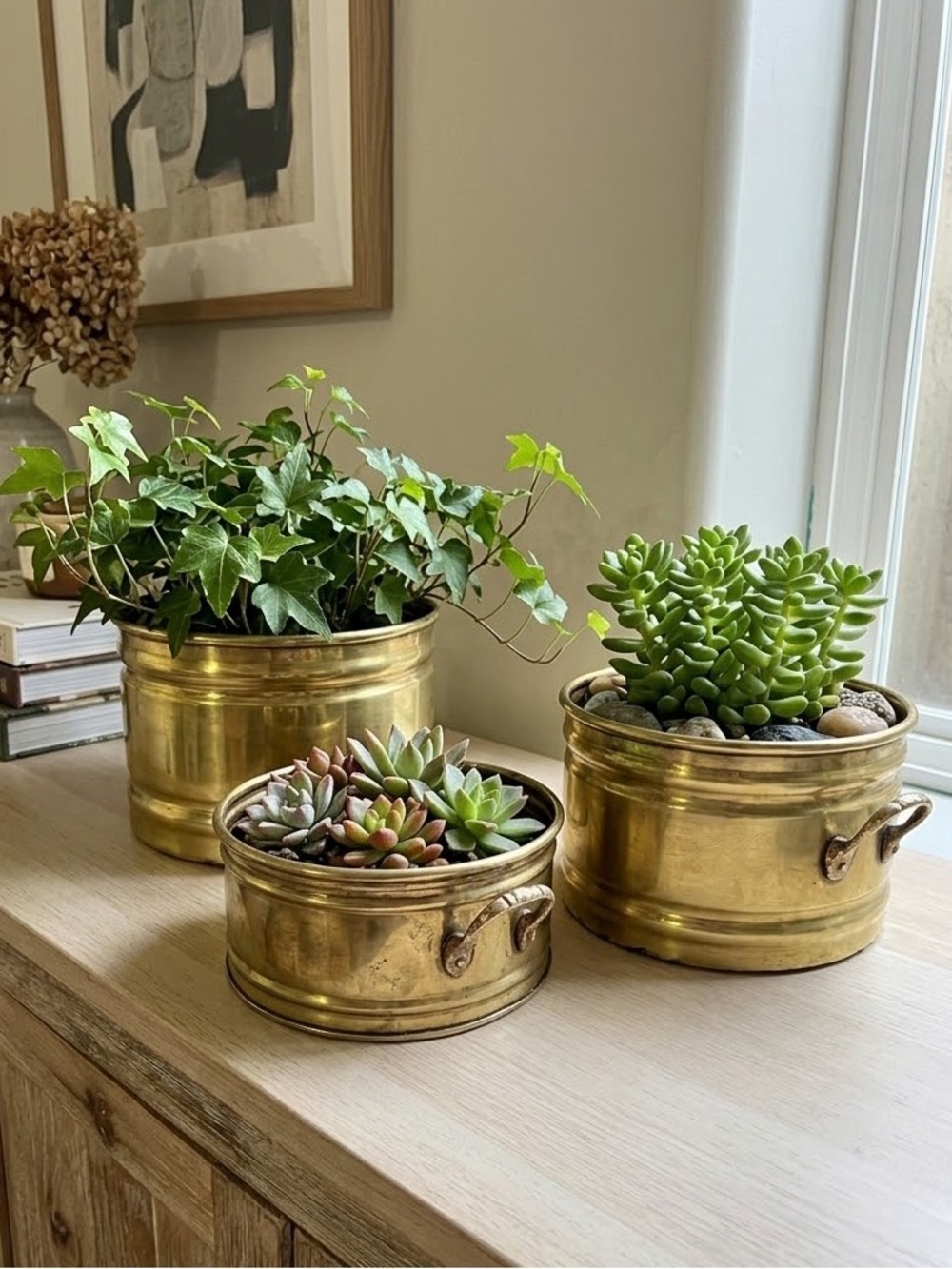 Vintage Set of 3 Brass Planter Bowls - Gold Tone, Rare to find 3 matching pieces